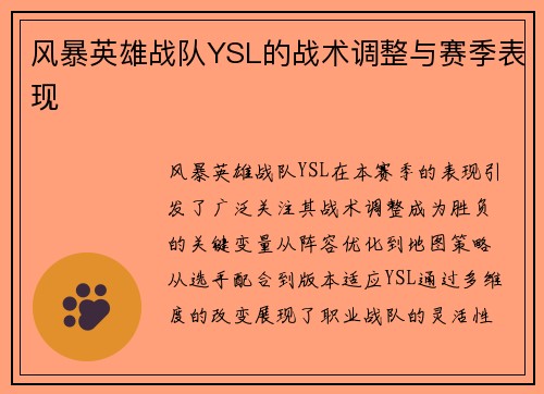 风暴英雄战队YSL的战术调整与赛季表现