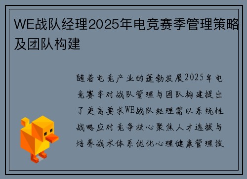 WE战队经理2025年电竞赛季管理策略及团队构建